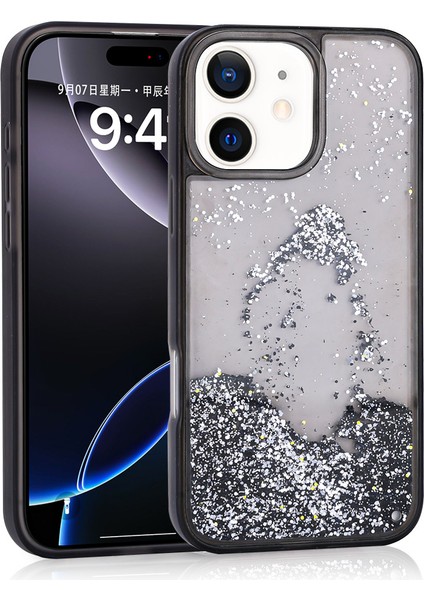 iPhone 12 Uyumlu Kılıf Sıvılı Simli Şeffaf Arka Yüzey Inc Keto Silikon Kapak-Siyah