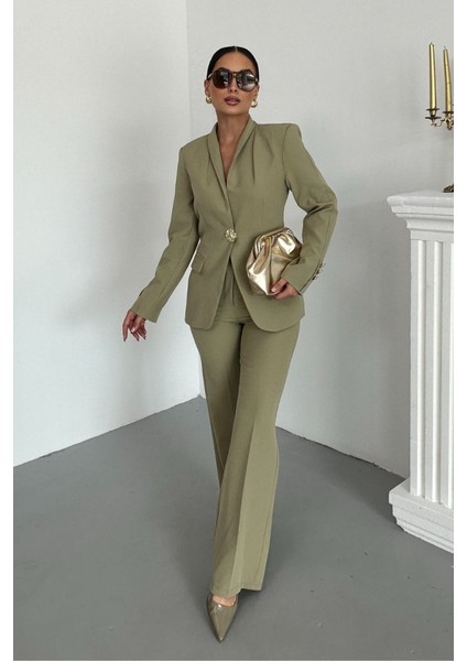 Kadın Ikili Takım Şık Düğme Detaylı Dik Yaka Blazer Ceket Bol Paça Pantolon Takım