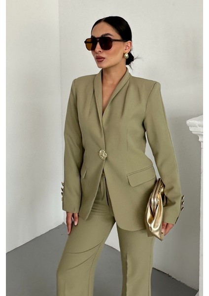 Kadın Ikili Takım Şık Düğme Detaylı Dik Yaka Blazer Ceket Bol Paça Pantolon Takım modelleri