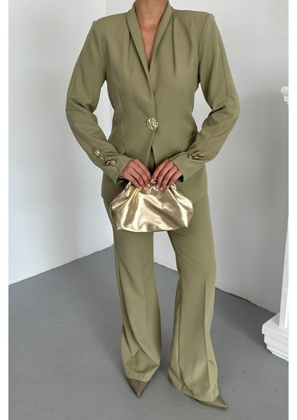 Kadın Ikili Takım Şık Düğme Detaylı Dik Yaka Blazer Ceket Bol Paça Pantolon Takım fırsatları
