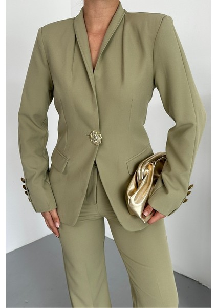 Kadın Ikili Takım Şık Düğme Detaylı Dik Yaka Blazer Ceket Bol Paça Pantolon Takım indirimleri