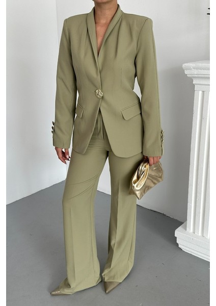 Kadın Ikili Takım Şık Düğme Detaylı Dik Yaka Blazer Ceket Bol Paça Pantolon Takım