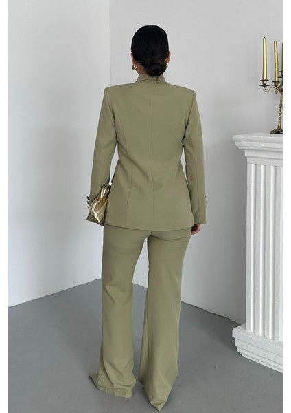 Kadın Ikili Takım Şık Düğme Detaylı Dik Yaka Blazer Ceket Bol Paça Pantolon Takım