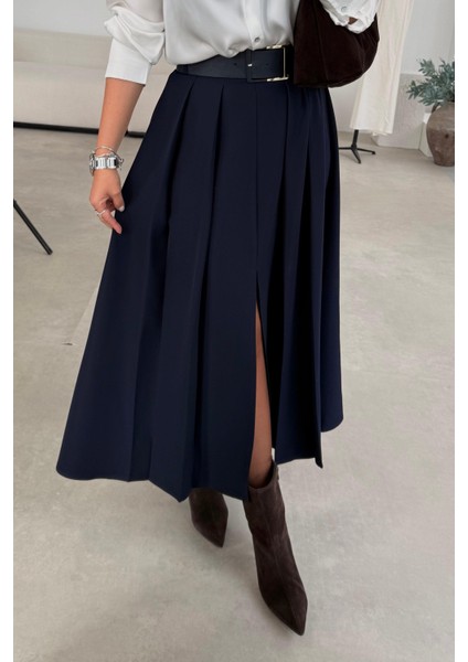 Lacivert Önden Yırtmaçlı Pileli Etek indirimleri