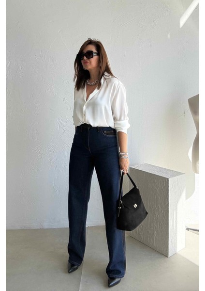 Siyah Detaylı Mavi Jean