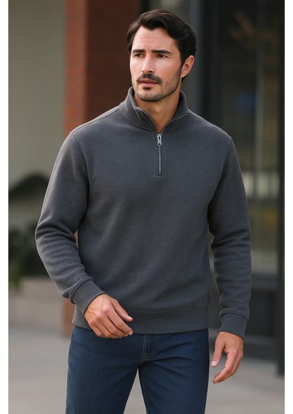 Erkek Trend Premium Antrasit Fermuarlı Sweatshirt
