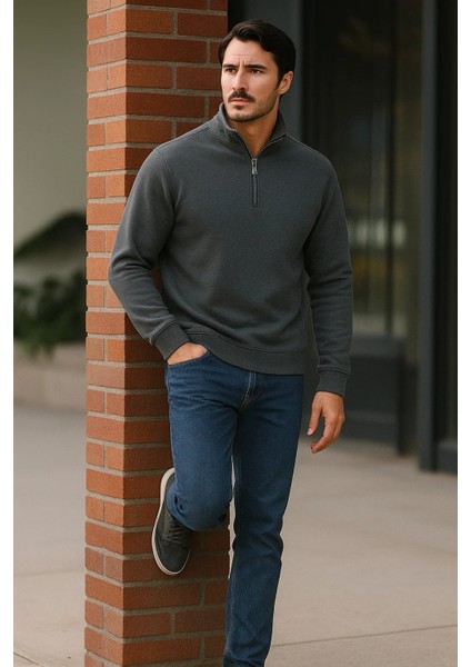 Erkek Trend Premium Antrasit Fermuarlı Sweatshirt fırsatları