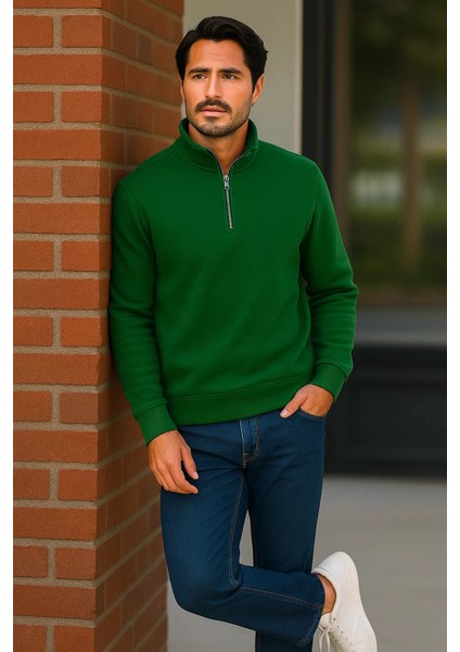 Erkek Trend Premium Yeşil Fermuarlı Sweatshirt fırsatları