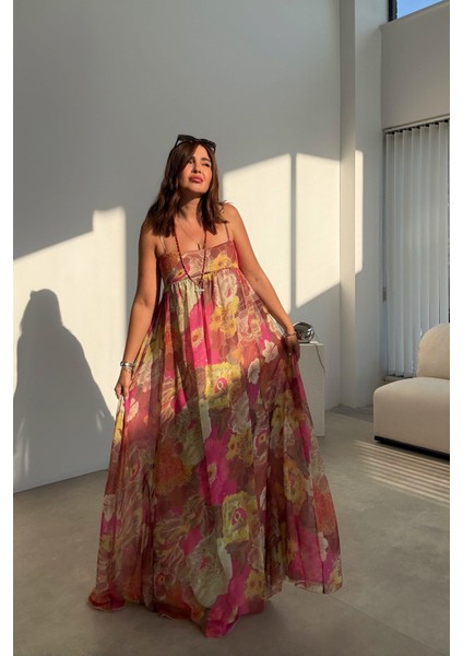 Çiçek Baskılı Tül Elbise