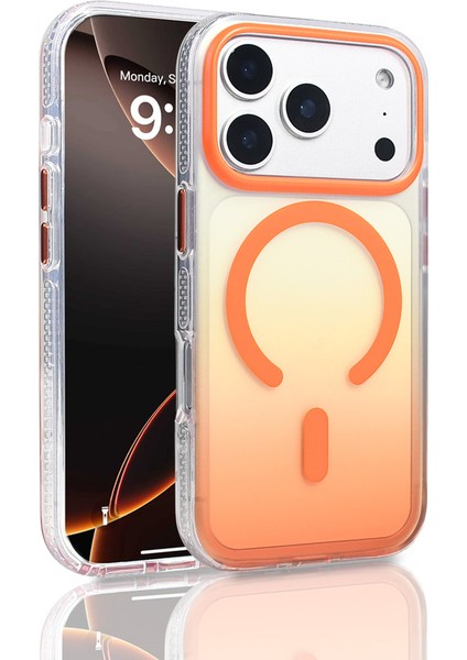 iPhone 17 Pro Kılıf M-Safe Şarj Özellikli Transparan Renk Geçişli Inc Toros Kapak - Turuncu