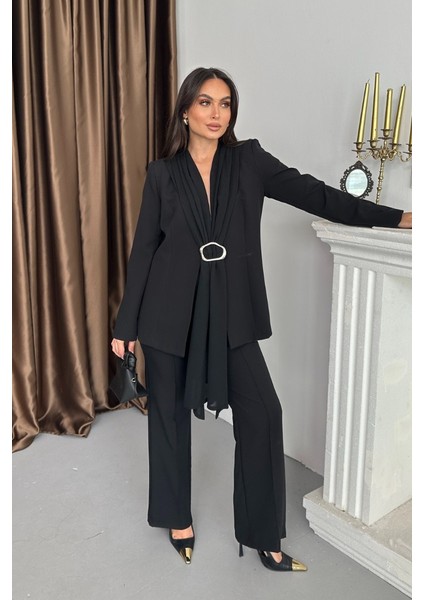Kadın Ikili Alt Üst Takım Şık Şal Yaka Tokalı Ceket Bol Paça Pantolon Takım