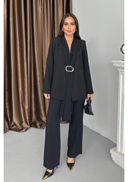 Kadın Ikili Alt Üst Takım Şık Şal Yaka Tokalı Ceket Bol Paça Pantolon Takım fiyatları