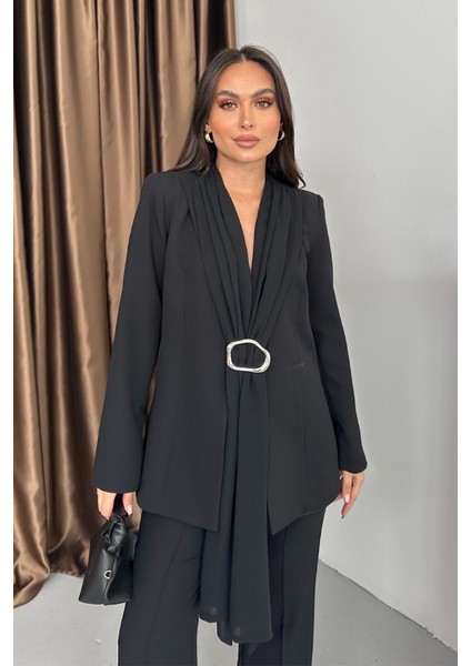 Kadın Ikili Alt Üst Takım Şık Şal Yaka Tokalı Ceket Bol Paça Pantolon Takım modelleri
