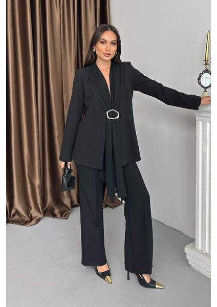 Kadın Ikili Alt Üst Takım Şık Şal Yaka Tokalı Ceket Bol Paça Pantolon Takım fırsatları