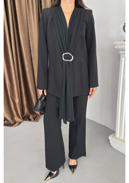 Kadın Ikili Alt Üst Takım Şık Şal Yaka Tokalı Ceket Bol Paça Pantolon Takım indirimleri