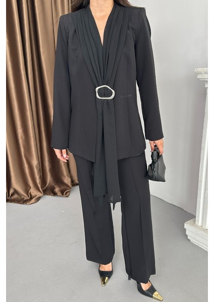 Kadın Ikili Alt Üst Takım Şık Şal Yaka Tokalı Ceket Bol Paça Pantolon Takım