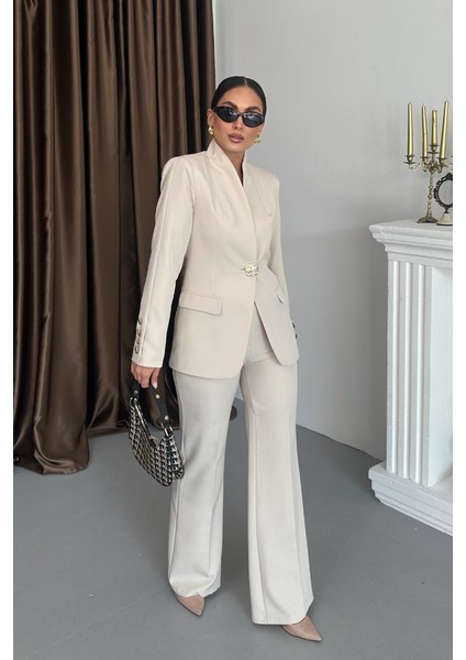 Kadın Ikili Takım Şık Düğme Detaylı Dik Yaka Blazer Ceket Bol Paça Pantolon Takım