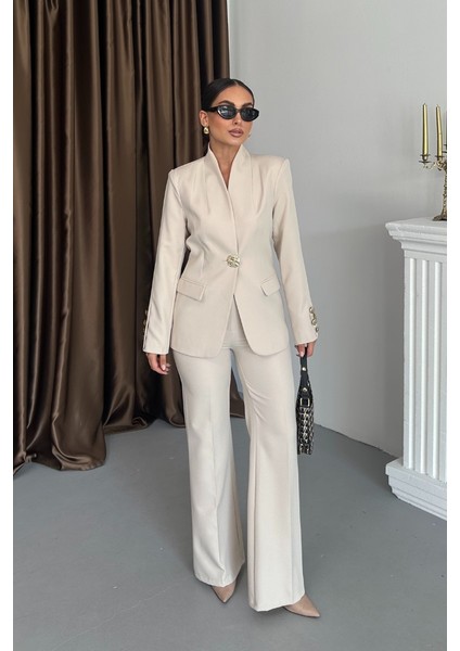 Kadın Ikili Takım Şık Düğme Detaylı Dik Yaka Blazer Ceket Bol Paça Pantolon Takım fiyatları
