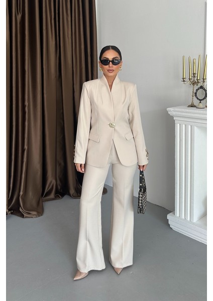 Kadın Ikili Takım Şık Düğme Detaylı Dik Yaka Blazer Ceket Bol Paça Pantolon Takım modelleri