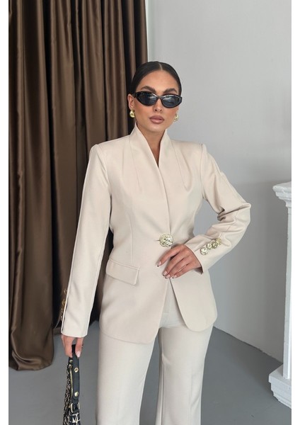 Kadın Ikili Takım Şık Düğme Detaylı Dik Yaka Blazer Ceket Bol Paça Pantolon Takım fırsatları