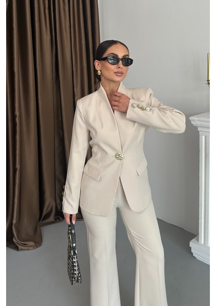 Kadın Ikili Takım Şık Düğme Detaylı Dik Yaka Blazer Ceket Bol Paça Pantolon Takım indirimleri