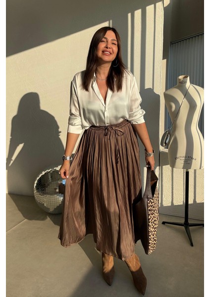 Zeytin Yeşili Kraşlı Saten Etek