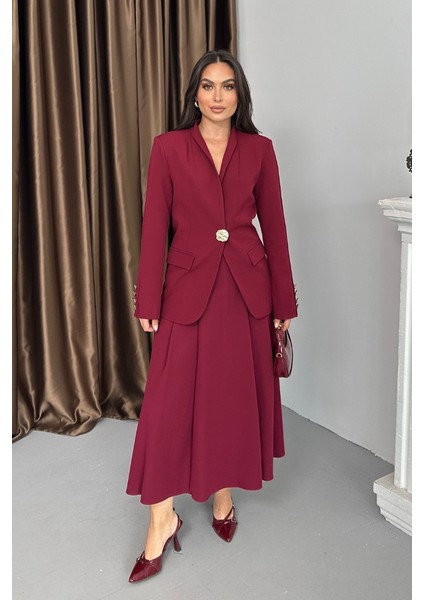 Kadın Ikili Takım Şık Düğme Detaylı Dik Yaka Blazer Ceket Uzun Etek Takım