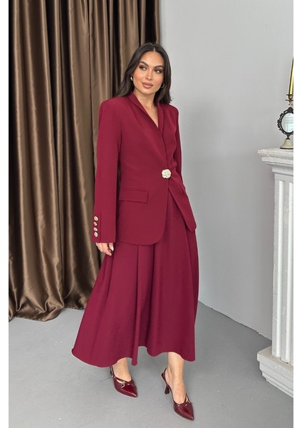 Kadın Ikili Takım Şık Düğme Detaylı Dik Yaka Blazer Ceket Uzun Etek Takım fiyatları