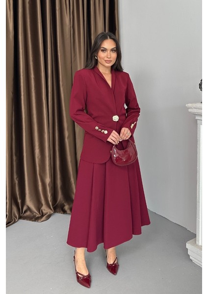 Kadın Ikili Takım Şık Düğme Detaylı Dik Yaka Blazer Ceket Uzun Etek Takım modelleri