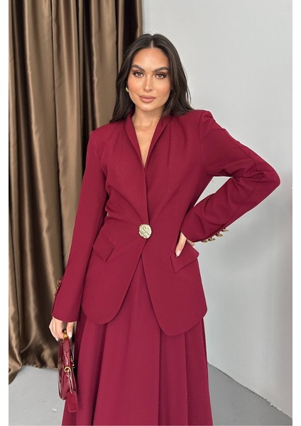 Kadın Ikili Takım Şık Düğme Detaylı Dik Yaka Blazer Ceket Uzun Etek Takım fırsatları