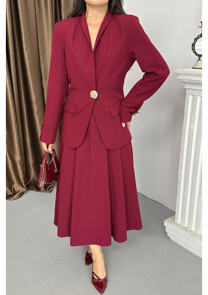 Kadın Ikili Takım Şık Düğme Detaylı Dik Yaka Blazer Ceket Uzun Etek Takım indirimleri