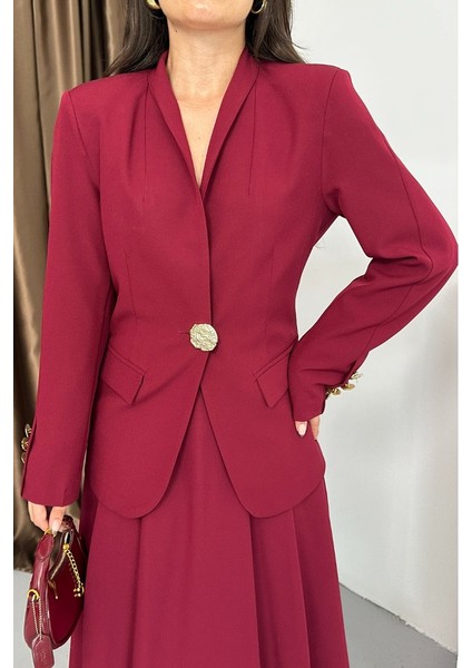 Kadın Ikili Takım Şık Düğme Detaylı Dik Yaka Blazer Ceket Uzun Etek Takım