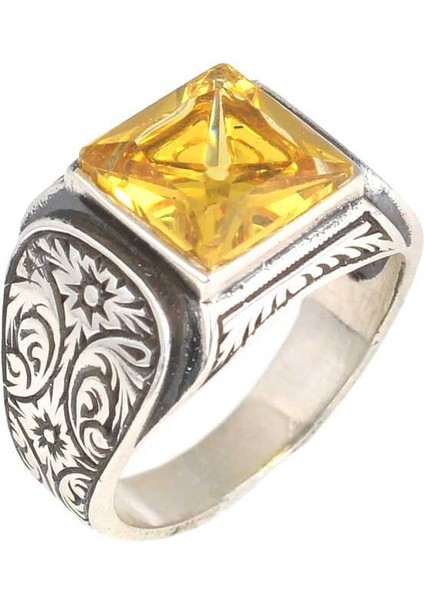 925 Ayar Gümüş Kare Sitrin Taşlı Erkek Yüzüğü