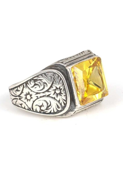 925 Ayar Gümüş Kare Sitrin Taşlı Erkek Yüzüğü fiyatları