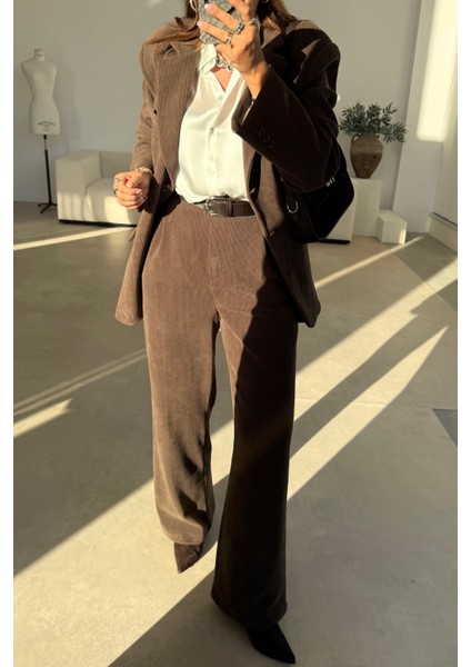 Kahverengi Fitilli Kadife Ceket Pantolon Takım
