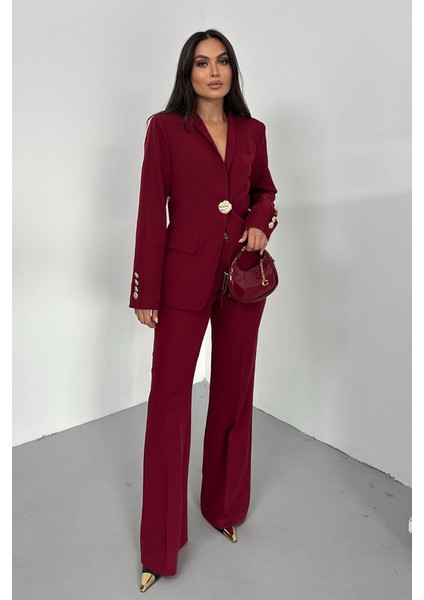 Kadın Ikili Takım Şık Düğme Detaylı Dik Yaka Blazer Ceket Bol Paça Pantolon Takım
