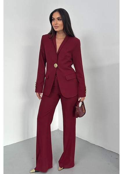 Kadın Ikili Takım Şık Düğme Detaylı Dik Yaka Blazer Ceket Bol Paça Pantolon Takım fiyatları