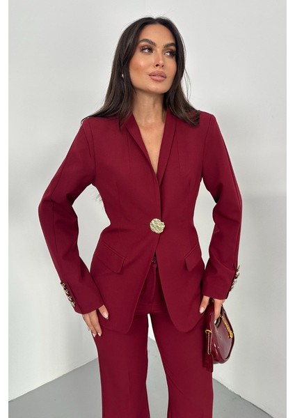 Kadın Ikili Takım Şık Düğme Detaylı Dik Yaka Blazer Ceket Bol Paça Pantolon Takım modelleri