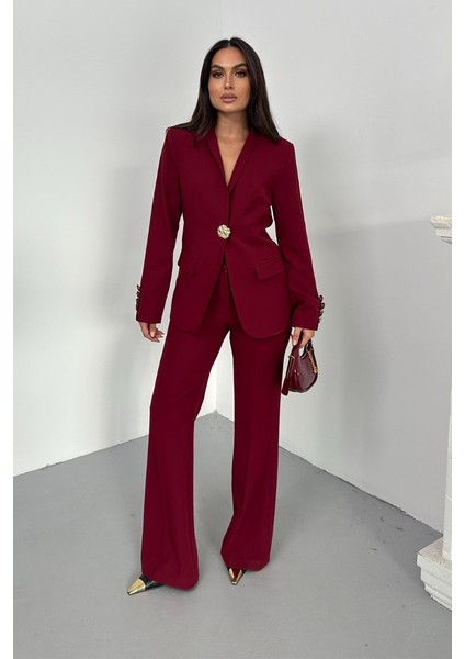 Kadın Ikili Takım Şık Düğme Detaylı Dik Yaka Blazer Ceket Bol Paça Pantolon Takım fırsatları