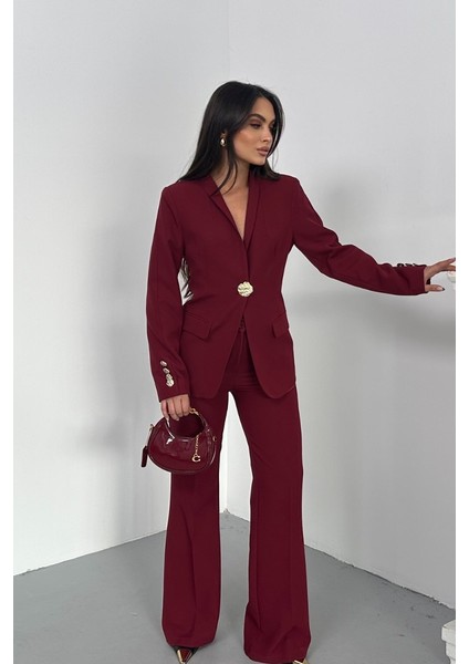 Kadın Ikili Takım Şık Düğme Detaylı Dik Yaka Blazer Ceket Bol Paça Pantolon Takım indirimleri