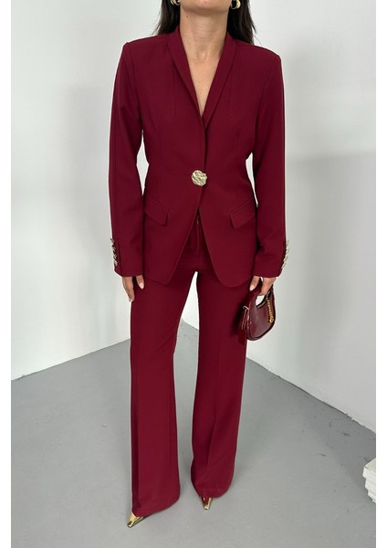 Kadın Ikili Takım Şık Düğme Detaylı Dik Yaka Blazer Ceket Bol Paça Pantolon Takım