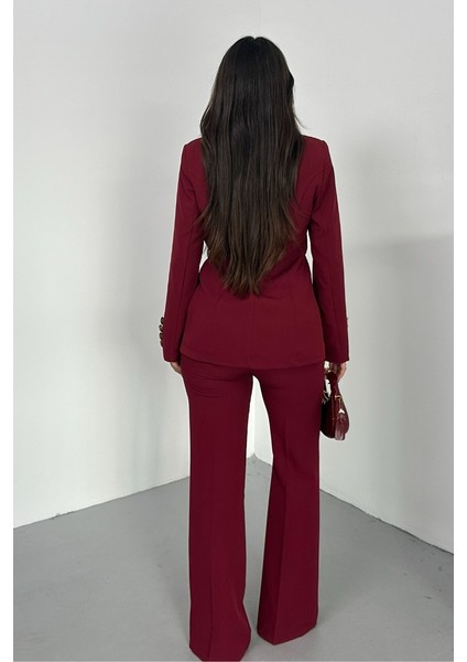 Kadın Ikili Takım Şık Düğme Detaylı Dik Yaka Blazer Ceket Bol Paça Pantolon Takım