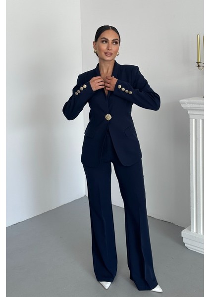 Kadın Ikili Takım Şık Düğme Detaylı Dik Yaka Blazer Ceket Bol Paça Pantolon Takım