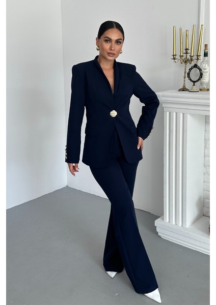 Kadın Ikili Takım Şık Düğme Detaylı Dik Yaka Blazer Ceket Bol Paça Pantolon Takım fiyatları