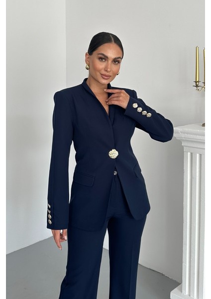 Kadın Ikili Takım Şık Düğme Detaylı Dik Yaka Blazer Ceket Bol Paça Pantolon Takım modelleri