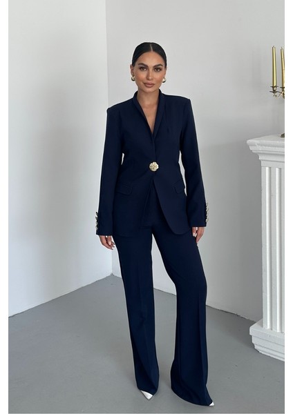 Kadın Ikili Takım Şık Düğme Detaylı Dik Yaka Blazer Ceket Bol Paça Pantolon Takım fırsatları