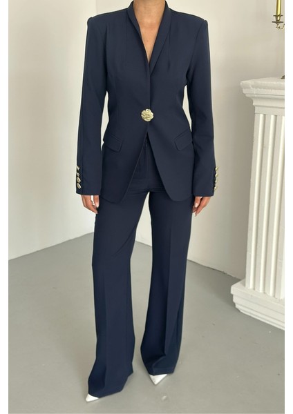 Kadın Ikili Takım Şık Düğme Detaylı Dik Yaka Blazer Ceket Bol Paça Pantolon Takım indirimleri