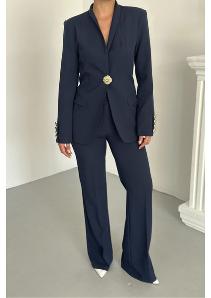Kadın Ikili Takım Şık Düğme Detaylı Dik Yaka Blazer Ceket Bol Paça Pantolon Takım