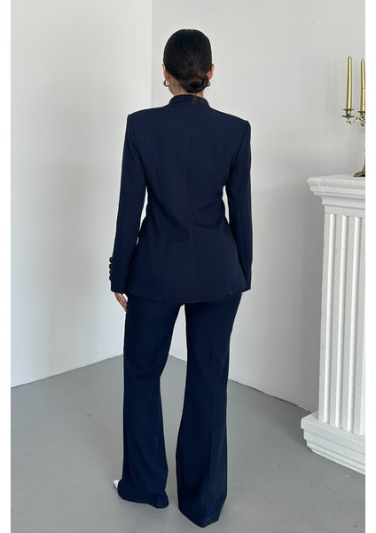 Kadın Ikili Takım Şık Düğme Detaylı Dik Yaka Blazer Ceket Bol Paça Pantolon Takım