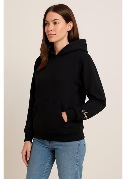 Kadın Üç Ip Şardonlu Beren Kapüşonlu Sweat Siyah